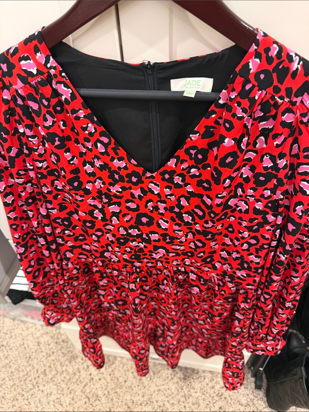 Jade Red, Pink & Black Leopard Print V-Neck mini Dress